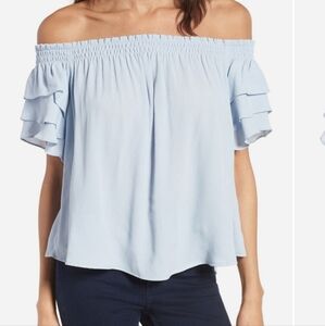 Astr Light Blue Ruffled Off-Shoulder Blouse
